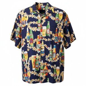 Hilo Hattie Mens Shirt 2XL Beer Print Hawaiian Rayon Blend Vacation Dad Core